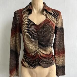 Frank Lyman Textured Abstract Long Sleeve V-Neck Top Brown Size 10 Ruched Y2k